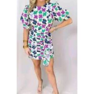 Aureum Womens Floral Ruched Sash Mini Dress Multicolor Size Medium NWT